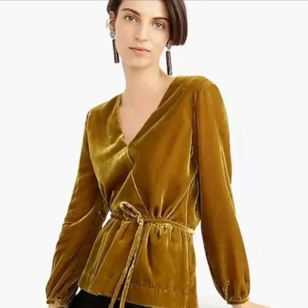 J. Crew Blouse Faux Wrap Holiday Party Drapey Velvet Golden Amber Women's 14 - Picture 2 of 14